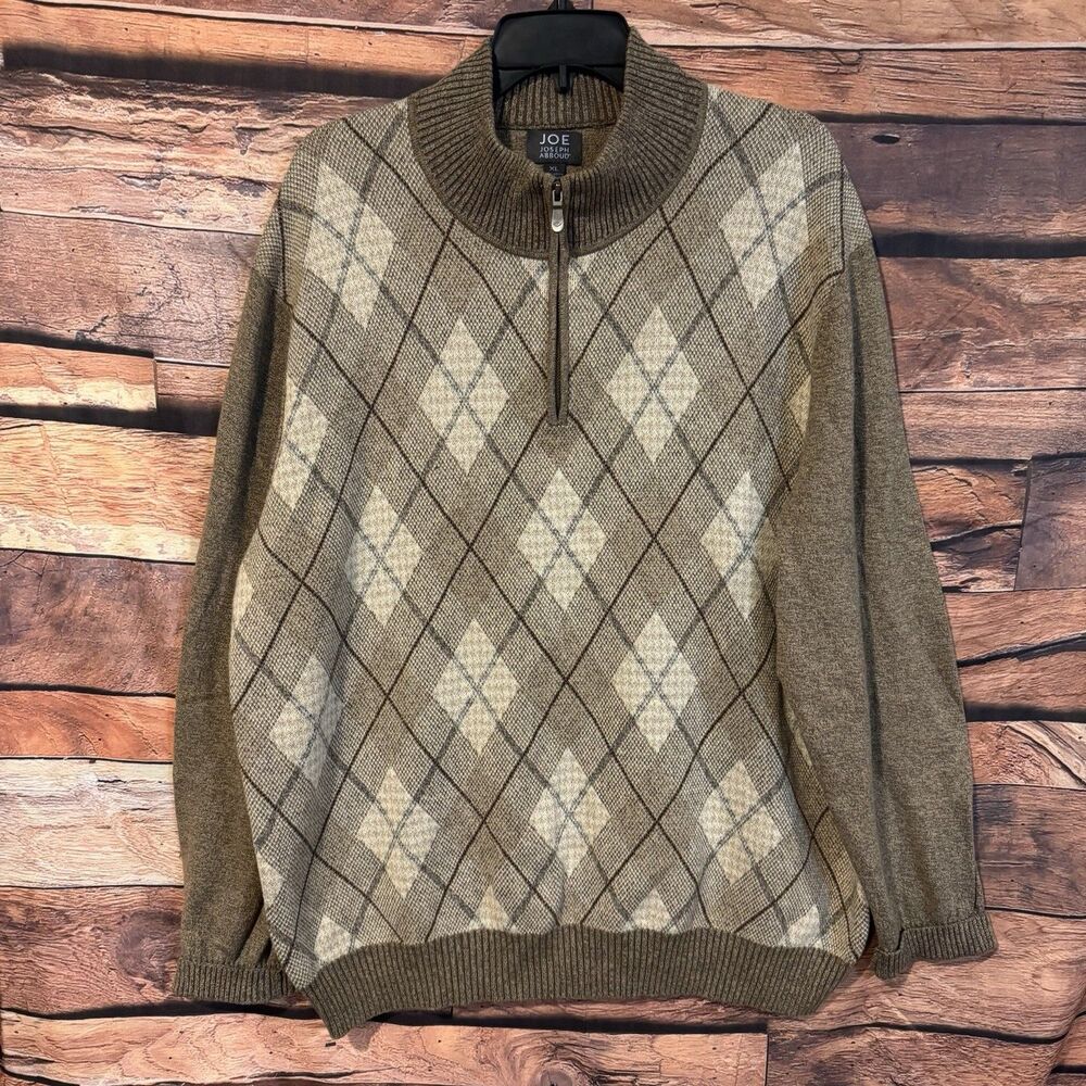 Joe Joseph Abboud Mens Brown Argyle 1/4 Zip Pullover Sweater Mock Neck XL Cotton